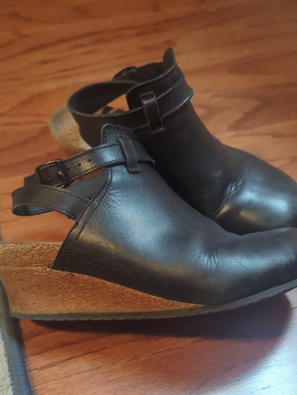 Papillio Black Leather Slingback Wedge Sandals